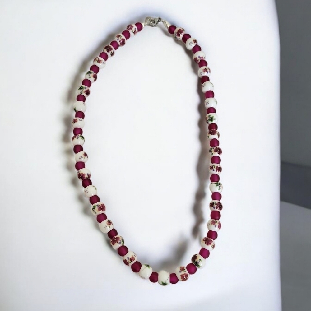 Peony Floral Ceramic Frosted Glass Necklace